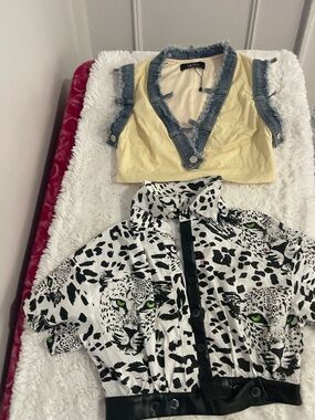 AKIRA Pale Yellow Cropped Tank with Distressed Denim Trim